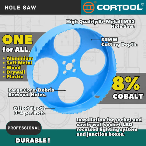 Heavy Duty 6-1/4 Inch Bi Metal Hole Saw Kit with Arbor showing M42 steel construction and debris removal holes