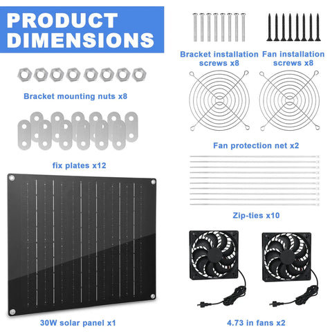Solar Powered 30W Dual Exhaust Solar Fan With IPX7 Waterproof Blades For Chicken Coops, Greenhouses, Sheds And Pet Houses, Real Workhorse With High Efficiency Monocrystalline Panel Delivers Strong Airflow In Any Sunlight