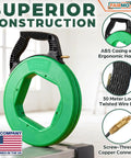 Fairmo 98.5 Ft Fish Tape With Extra Adapters Heavy Duty Pet Fiber Wire Puller Tool Kit showing ergonomic handle and 30 meter wire reel.