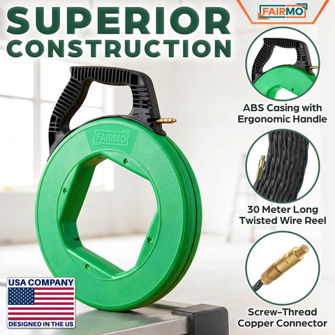 Fairmo 98.5 Ft Fish Tape With Extra Adapters Heavy Duty Pet Fiber Wire Puller Tool Kit showing ergonomic handle and 30 meter wire reel.