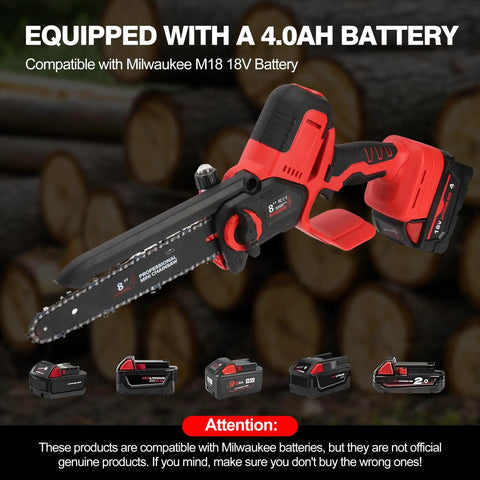 8 Inch Brushless Cordless Chainsaw With Tool Free Tensioning And Automatic Lubrication, M18 compatible, 4Ah battery shown.