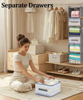 Woman organizing clothes with Six Shelf Hanging Closet Organizer With Three Drawers And Side Pockets In Gray for space saving