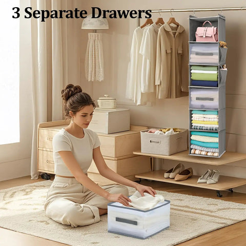 Woman organizing clothes with Six Shelf Hanging Closet Organizer With Three Drawers And Side Pockets In Gray for space saving