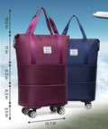 Two AdashinHoo expandable foldable duffel bags with wheels; purple and navy carry-on luggage