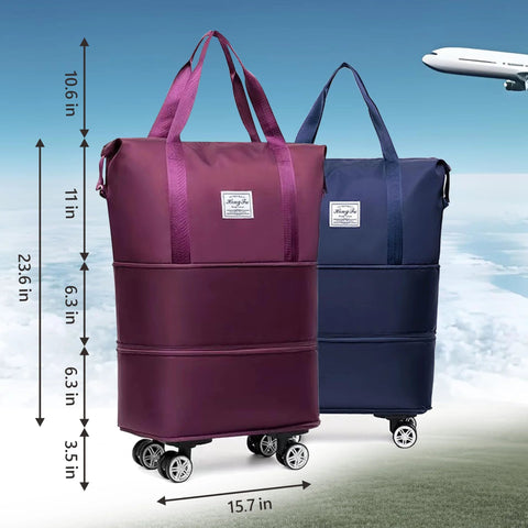Two AdashinHoo expandable foldable duffel bags with wheels; purple and navy carry-on luggage