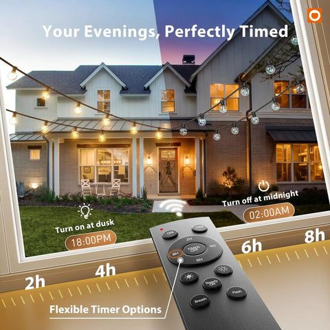 100Ft Outdoor String Lights G40 With Remote 54 LED Shatterproof Bulbs strung across backyard patio, evening setting with remote control