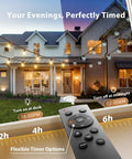Outdoor String Lights 48 Ft LED Shatterproof Bulbs illuminating a house facade with remote timer options, showcasing evening ambiance.