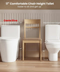 Slick Modern Elongated One Piece Toilet With Skirted Seamless Build And 17 Inch Comfort Chair Height Seat compared to standard height toilet.