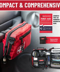98 Piece Premium First Aid Kit For Travel, Camping, Home And Outdoor Emergencies with labeled compartments and CPR pouch