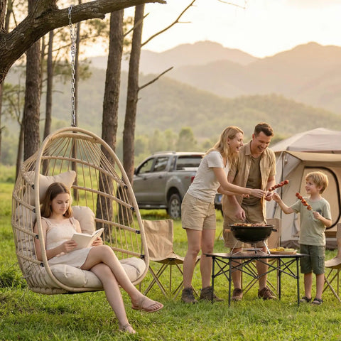 Outdoor Hanging Egg Chair Without Stand For Patio Or Balcony, Wicker Swing Egg Basket With Padded Cushion, used outdoors by a family