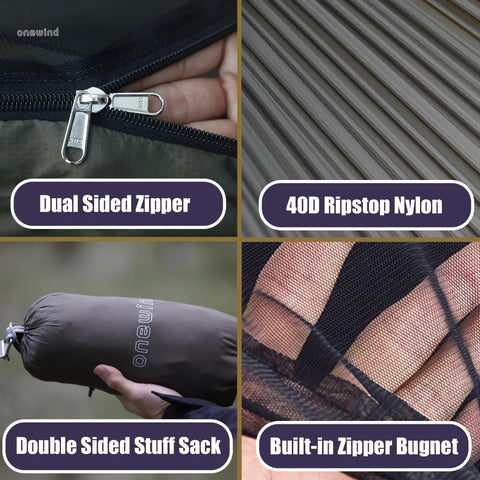 Close-ups of 11Ft Ultralight Camping Hammock With Mosquito Net features: dual zippers, 40D ripstop nylon, stuff sack, and bug net.