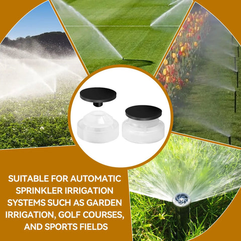 Front view of two white plastic sprinkler check valves with black caps for irrigation.