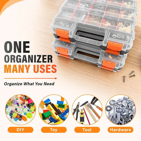Stacked Double Sided 34 Compartment Tool Organizer With Clear Lid Grab And Go Four Pack Adjustable Dividers for storage
