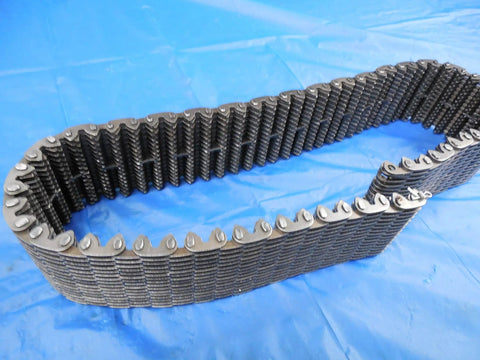 Heavy Duty Inverted Tooth Chain 25 1/2 Inch Long By 2 Inch Wide showing precise links on a blue background for industrial use.