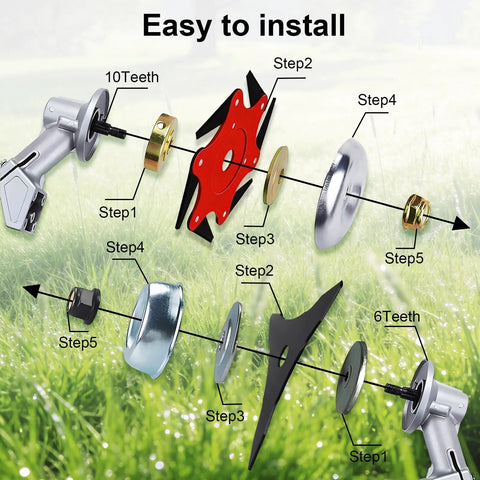 Assembly steps for Heavy Duty Trimmer Head With 6 Blade Razors And 3 Tooth Brush Cutter Blade, Universal Steel Blades Kit With Adapter