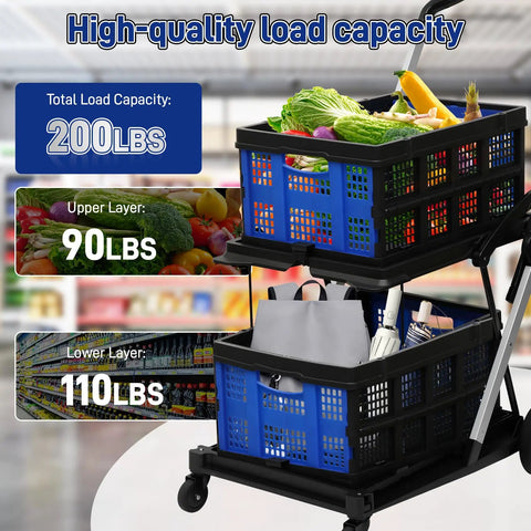 Heavy Duty Collapsible Shopping Cart On Wheels With Dual Bins Two Tier Folding Grocery Cart holds 200 lb capacity