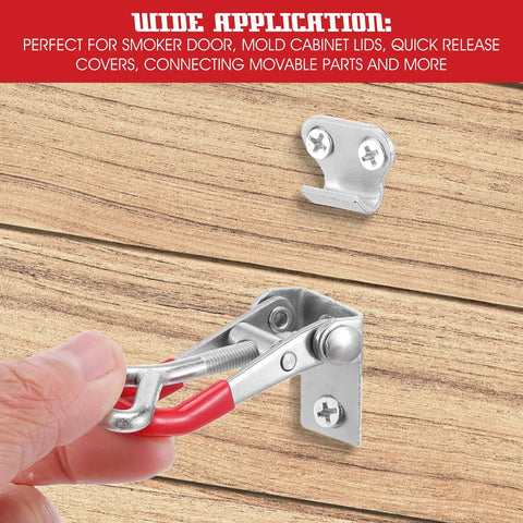 36 Pack Toggle Latch Clamps With Adjustable 330 Lbs Holding Power, red finish clamp on wood surface, hand adjusting latch
