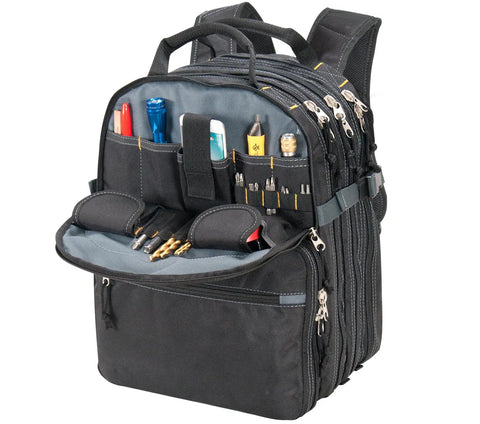 75-Pocket Tool Backpack With 6 Zippered Compartments, open to reveal organized tools and small parts, rugged worksite-ready design.