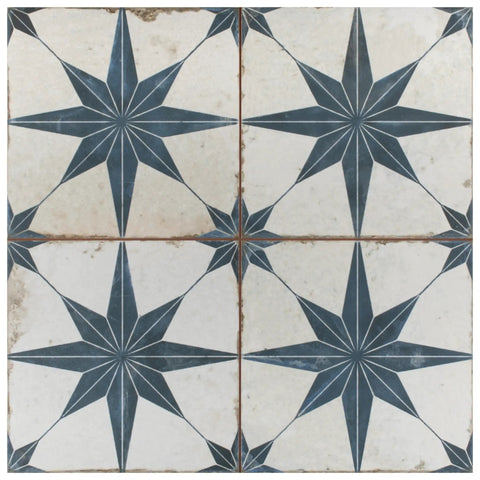 Kings Star Blue 17.63 Inch Square Ceramic Floor And Wall Tile, glazed with subtle texture, featuring blue star pattern.