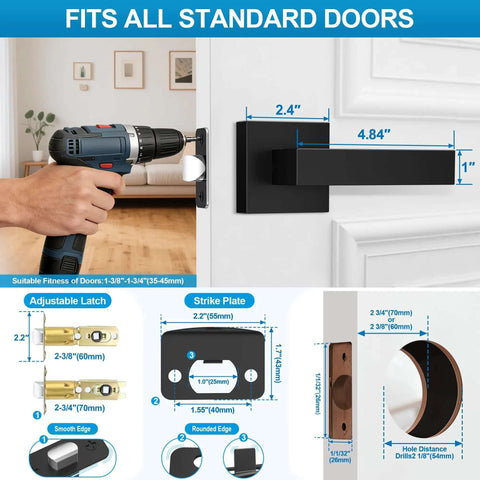 Installation of 10 Pack Matte Black Interior Door Handles and Passage Door Levers for Hallways and Closets Built To Last Heavy Duty Square Doorknobs