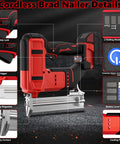 Heavy Duty 18 Gauge Cordless Brad Nailer And Stapler Kit Ready To Roll With Your Favorite Batteries, showing detailed features like safety lock and trigger.