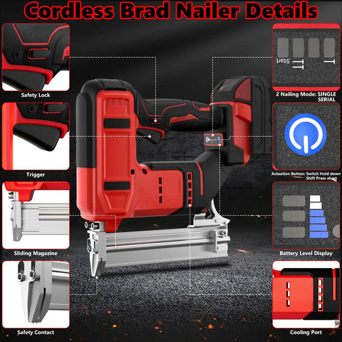 Cordless 18 Gauge Brad Nailer And Staple Gun Kit With Two Thousand Fasteners showing safety lock, trigger, sliding magazine, and cooling port.