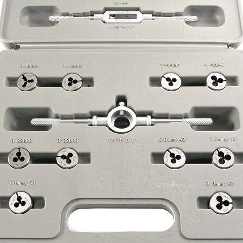Open case of DIY Tap And Die Kit For Knife And Gun Making, UNF Standard And Metric, 33 Piece Micro Thread Set With Taps, Dies, Drills, Handles, Pro Grade HSS M2