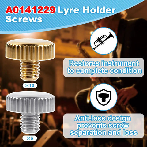 16 Piece Lyre Holder Screw Set For Saxophone Trumpet And Tuba, gold and silver screws for secure mounting during performances.