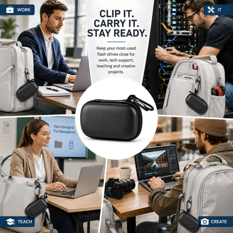 Drop Dead Secure Hard Shell USB Flash Drive Case With Cushioned Foam Insert And Tight Elastic Strap keeps thumb drives organized in bag.