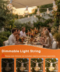 50Ft LED Outdoor String Lights with 52 Dimmable Shatterproof G40 Plastic Bulbs creating cozy ambience at dining table