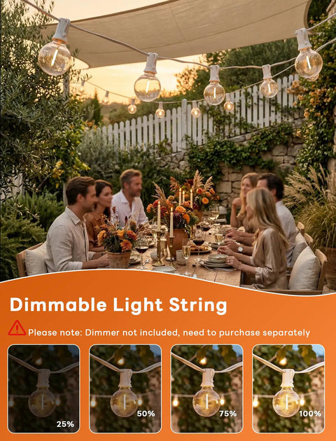 50Ft LED Outdoor String Lights with 52 Dimmable Shatterproof G40 Plastic Bulbs creating cozy ambience at dining table
