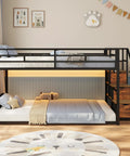 Rock Solid Low Twin Over Twin Bunk Bed With Game Changing Built In Storage Stairs Featuring Heavy Duty Steel Frame And Full Wrap Around Safety Rails In Sleek Matte Black Kids Room Setup with plush toys and cozy blankets.