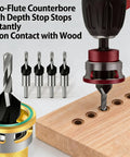 Top Tier 4 Piece Counterbore Drill Set With Adjustable Depth Stop Collar For Wood And Metal Projects Nailing Perfect Screw Recesses Every Time With Hella Precise Control And Reliable Blue Coating, featuring two-flute bits and depth stop on wood.
