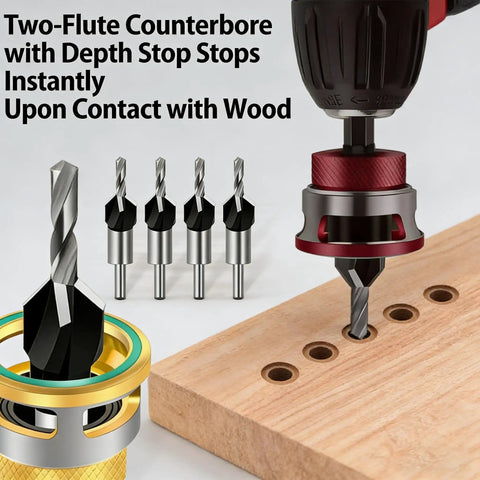 Top Tier 4 Piece Counterbore Drill Set With Adjustable Depth Stop Collar For Wood And Metal Projects Nailing Perfect Screw Recesses Every Time With Hella Precise Control And Reliable Blue Coating, featuring two-flute bits and depth stop on wood.