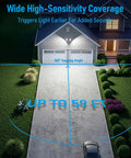 Powerful Outdoor Motion Sensor Flood Light With Adjustable Heads illuminating a driveway, highlighting 59 ft sensing range