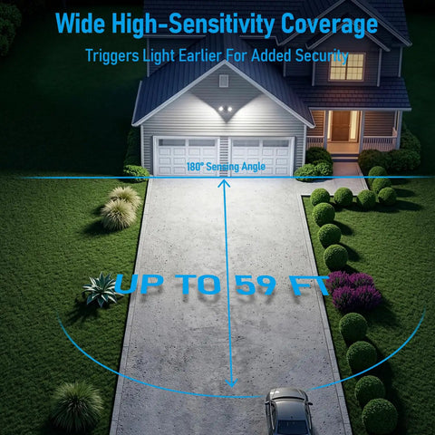 Powerful Outdoor Motion Sensor Flood Light With Adjustable Heads illuminating a driveway, highlighting 59 ft sensing range