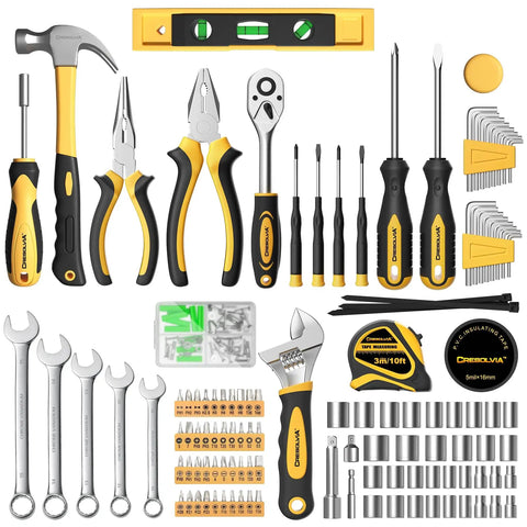 209 Piece Home And Auto Repair Tool Kit With Wrench Set And Essential Hand Tools For DIYers Homeowners And Handymen On The Go In A Portable Toolbox Great For Everyday Home Projects And Auto Work, shown with various tools like screwdrivers and wrenches in a portable case