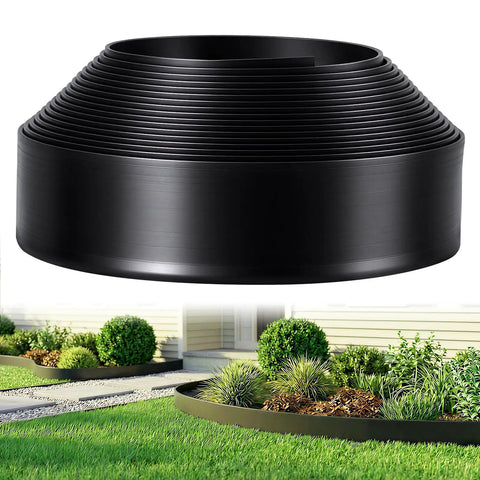 Roll of No Dig Landscape Edging Kit 3 Inch Tall 40 Feet Black Border System for lawn with sample garden installation shown.