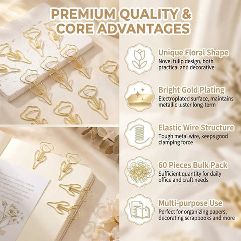 60 Piece Gold Flower Shaped Paper Clips Set For Office And Planner Use with floral and gold features displayed on planner