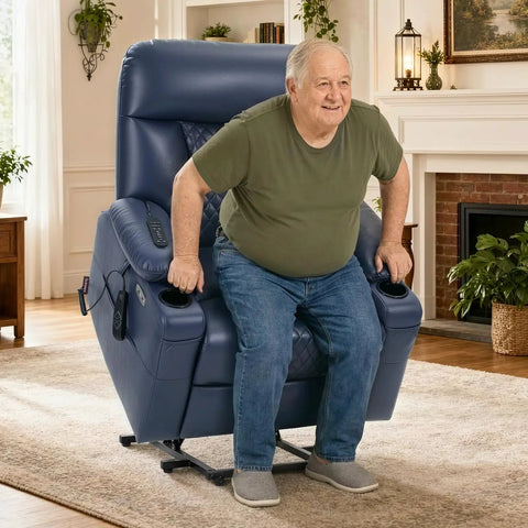 Elderly man using Built Tough Power Lift Recliner Chair With Heat And Massage, Cup Holders And USB Type C Ports, Navy Blue