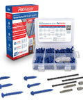Image of Blue Concrete Screw Kit With 240 Piece Set for Concrete Masonry Wood And Brick, showing flat and hex head screws, drill bits, and anchors.