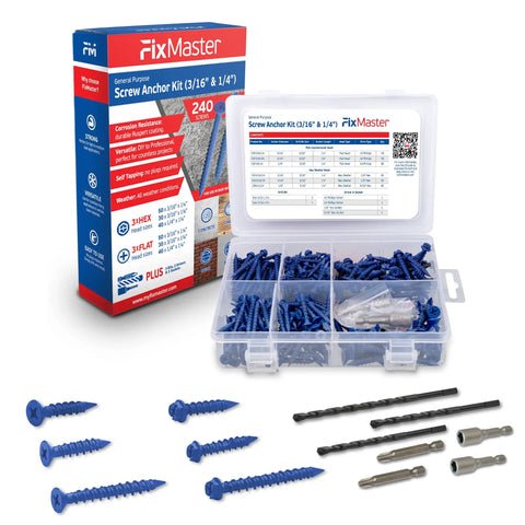 Image of Blue Concrete Screw Kit With 240 Piece Set for Concrete Masonry Wood And Brick, showing flat and hex head screws, drill bits, and anchors.