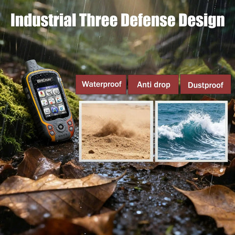 F60 Handheld GPS Navigation Device For Hiking with waterproof, dustproof, and anti-drop features in outdoor setting