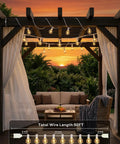 50Ft LED Outdoor String Lights with 52 Dimmable Shatterproof G40 Plastic Bulbs illuminating a cozy patio at sunset.