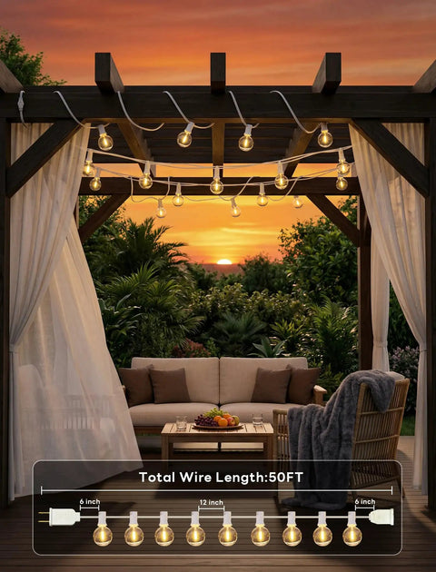 50Ft LED Outdoor String Lights with 52 Dimmable Shatterproof G40 Plastic Bulbs illuminating a cozy patio at sunset.
