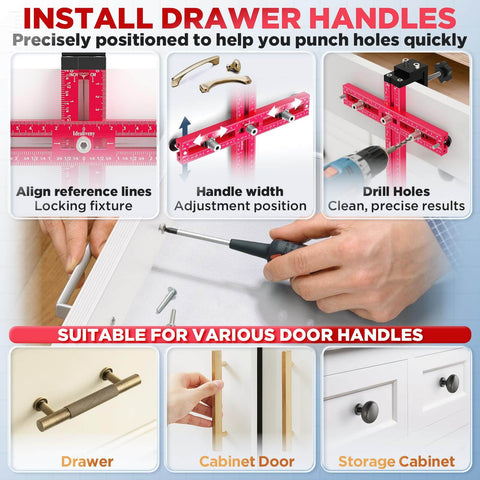 Adjustable Cabinet Hardware Jig for Precise Hole Alignment in Knobs and Handles, Drill Guide Template with Aluminum Body in Use