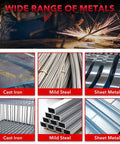 Collage showing welding on various metals: cast iron, mild steel, and sheet metal, highlighting versatility for DIY projects.
