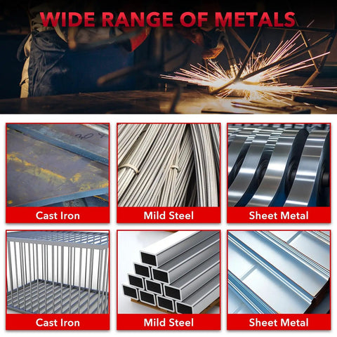 Collage showing welding on various metals: cast iron, mild steel, and sheet metal, highlighting versatility for DIY projects.
