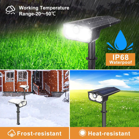 Lit Outdoor Solar Motion Sensor Lights With Bright LED Illumination IP68 Waterproof in rain, snow, and sun.