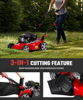 131cc Gas Powered Self Propelled Lawn Mower With Foldable Design Easy Start 3 In 1 Gas Push Mower For Yard And Garden Beast Mode 50L Grass Catcher Rear Wheel Drive Red in use on grass